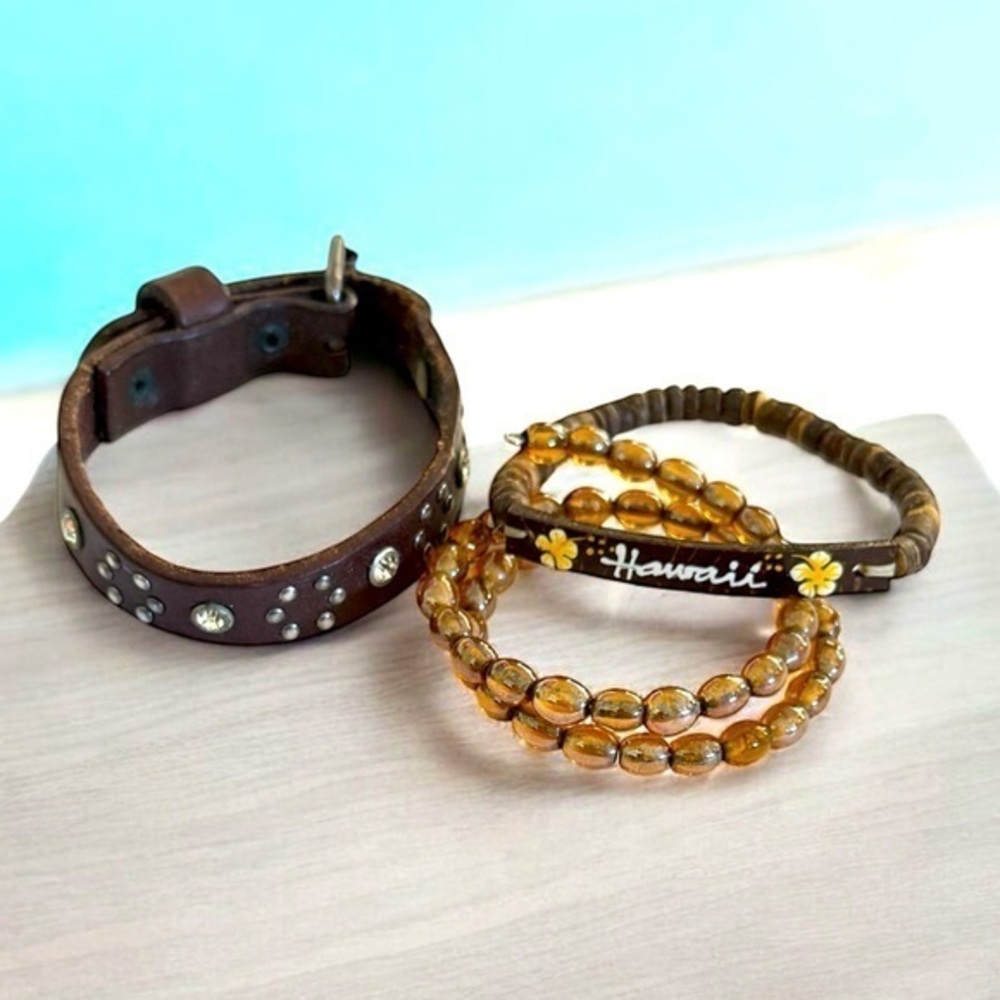 Brown and Amber Beaded & Leather Bracelets Set